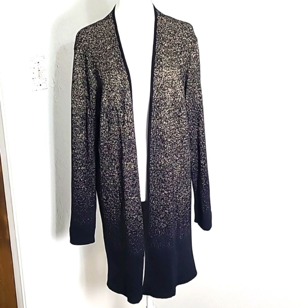 Rafaella Black & Metallic Gold Long Cardigan, Size Large - Picture 2 of 9
